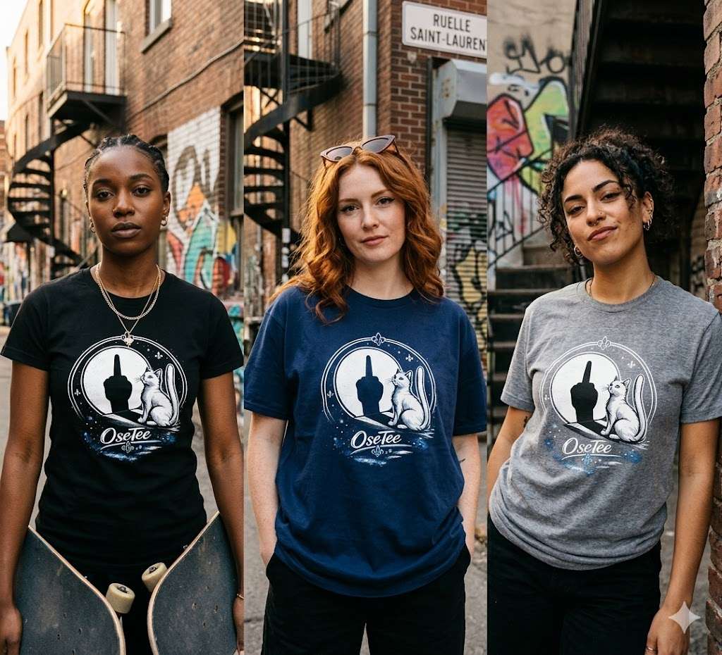 Poliement Rebelle t-shirt and hoodie design featuring a cat and moon silhouette in premium cotton by OseTee.