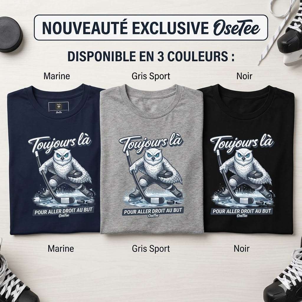 T-Shirt OseTee Humeur Toujours Là with signature snowy owl design, streetwear style from Québec, unisex and comfortable